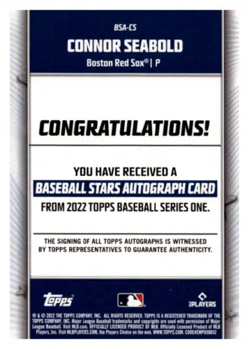 Baseball card redemption notice for 2022 Topps Baseball Stars Autographs Connor Seabold