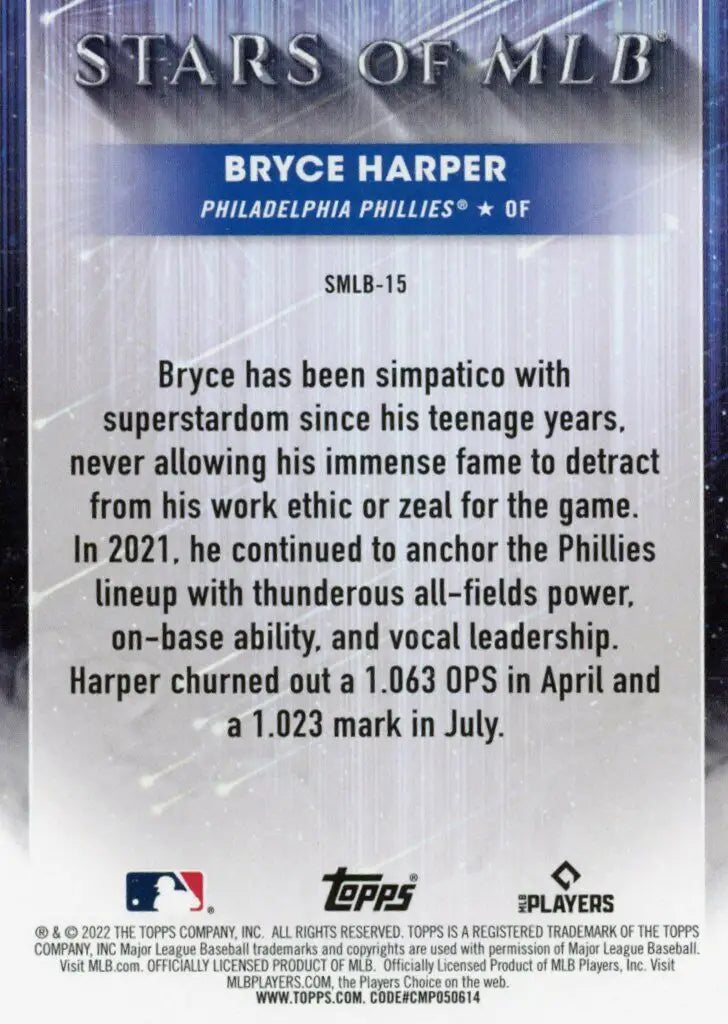 Topps Bryce Harper baseball card from 2022 Stars of MLB Insert Washington Nationals