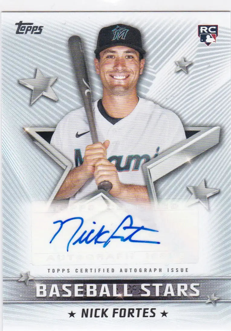 Topps baseball card of Nick Fortes featuring autograph and silver star design elements