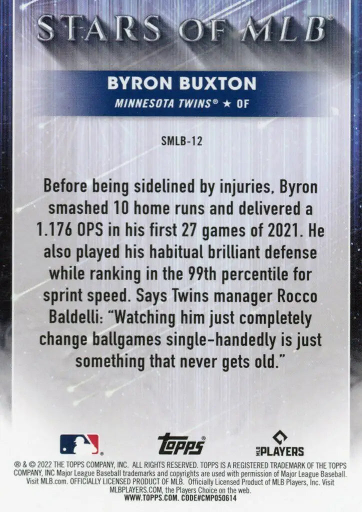 Byron Buxton Baseball card from 2022 Topps MLB insert featuring Minnesota Twins