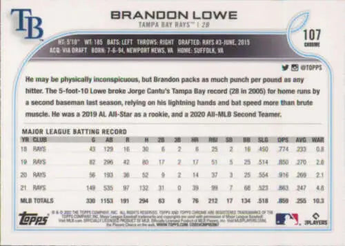 Brandon Lowe baseball card from 2022 Topps Chrome featuring original gloss design