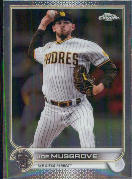 Baseball card of San Diego Padres pitcher Joe Musgrove in white pinstriped uniform