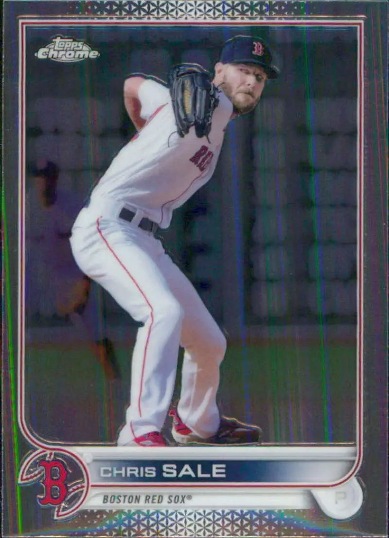 Chrome finish baseball card of Chris Sale delivering for Boston Red Sox