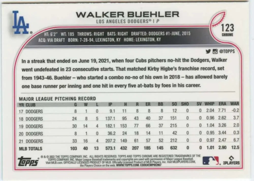 Walker Buehler baseball card showcasing statistics and career info for Los Angeles Dodgers