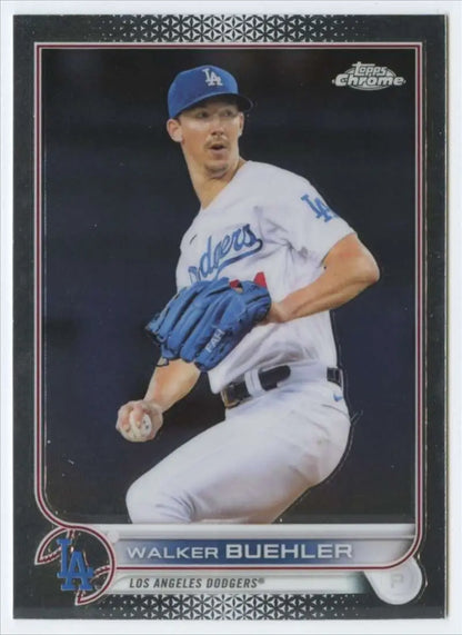 Walker Buehler mid-delivery in Los Angeles Dodgers white uniform baseball card