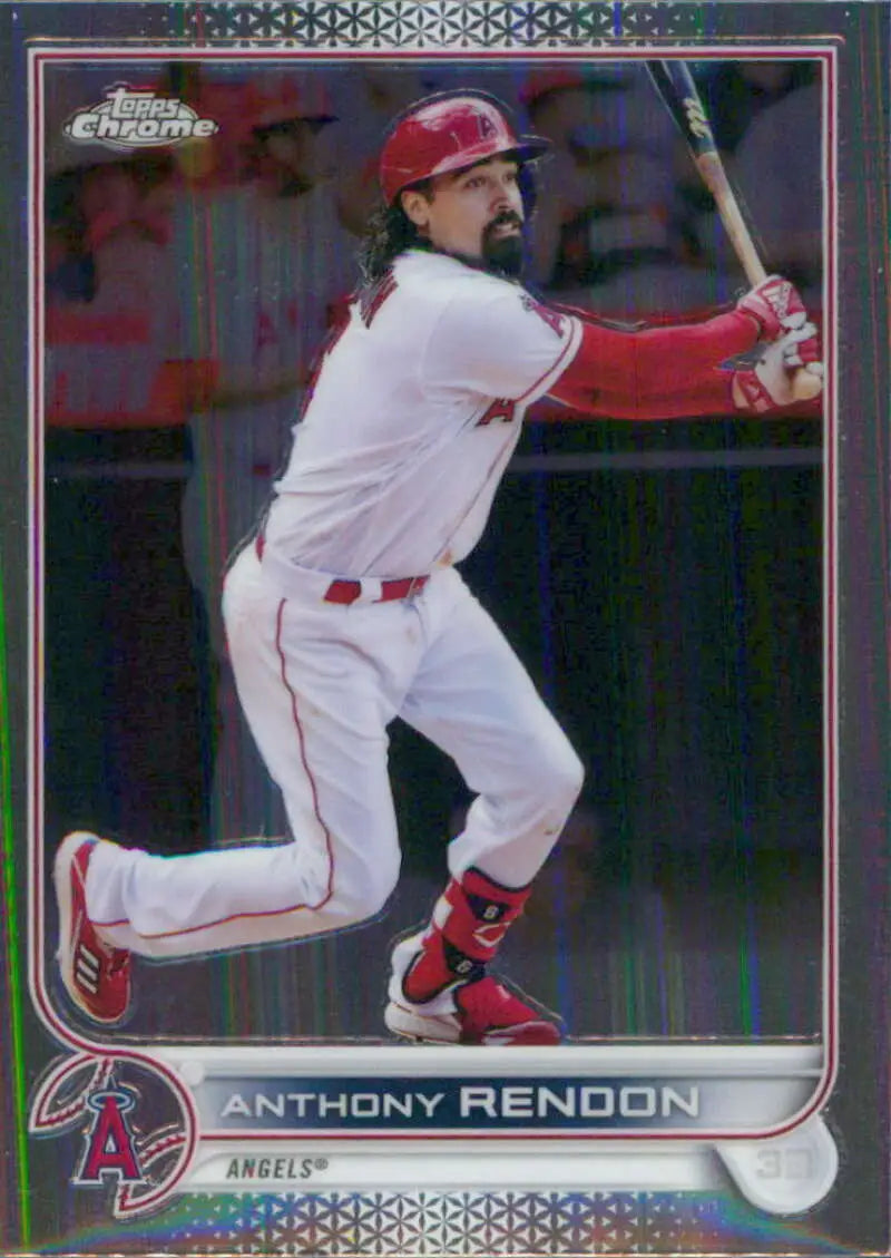 Chrome-finish baseball card of Anthony Rendon mid-swing for Topps Chrome collection