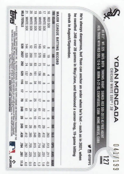 2022 Topps Chrome Yoan Moncada Aqua Refractor 41/199 Chicago White Sox player stats card