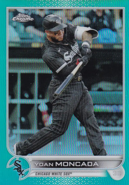 Baseball card of Yoan Moncada Aqua Refractor showcasing Chicago White Sox batting stance