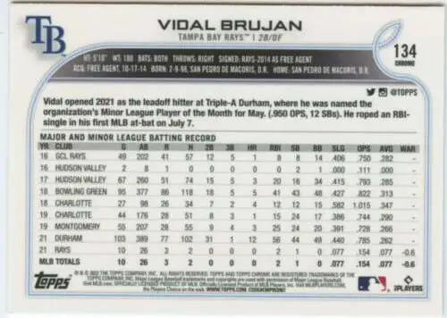 Baseball card back of 2022 Topps Chrome Vidal Brujan NM-MT RC with original gloss