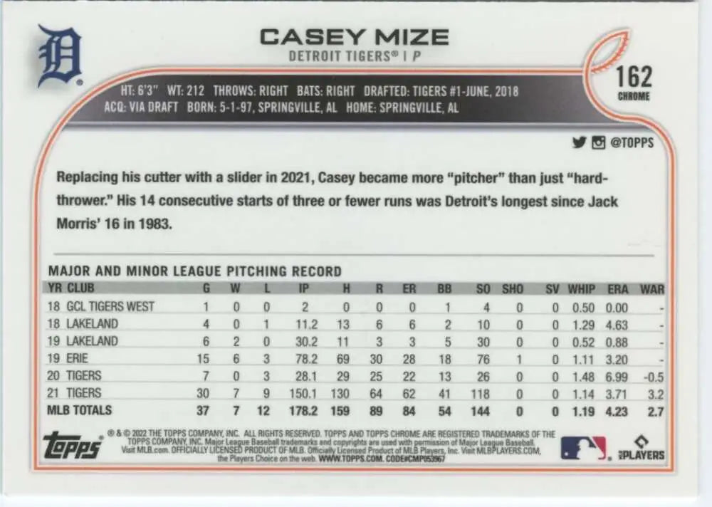 Baseball card featuring Casey Mize’s stats with the Detroit Tigers in 2022 Topps Chrome