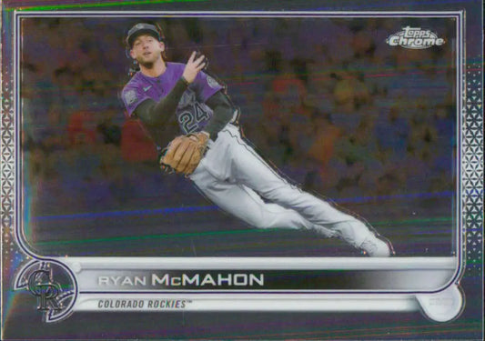 Chrome-finish Topps Chrome Ryan McMahon baseball card showcasing Colorado Rockies defense play