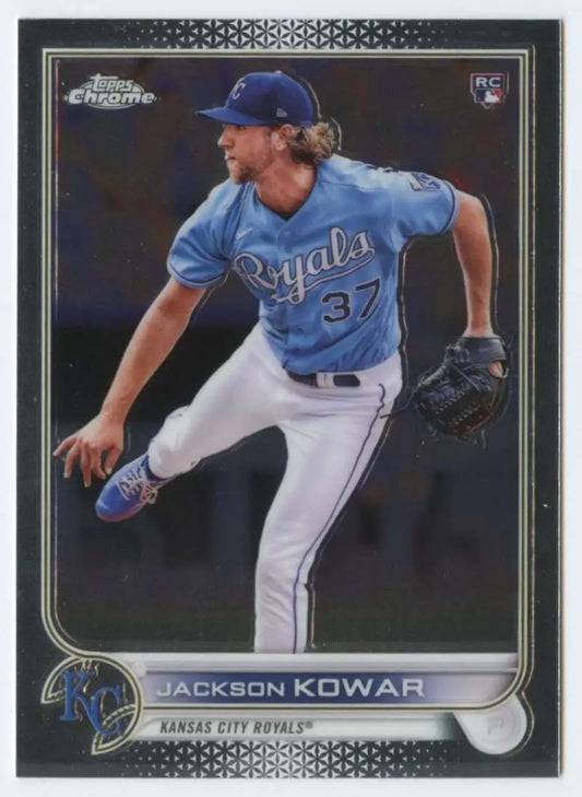 Jackson Kowar pitching in light blue uniform on 2022 Topps Chrome Kansas City Royals card