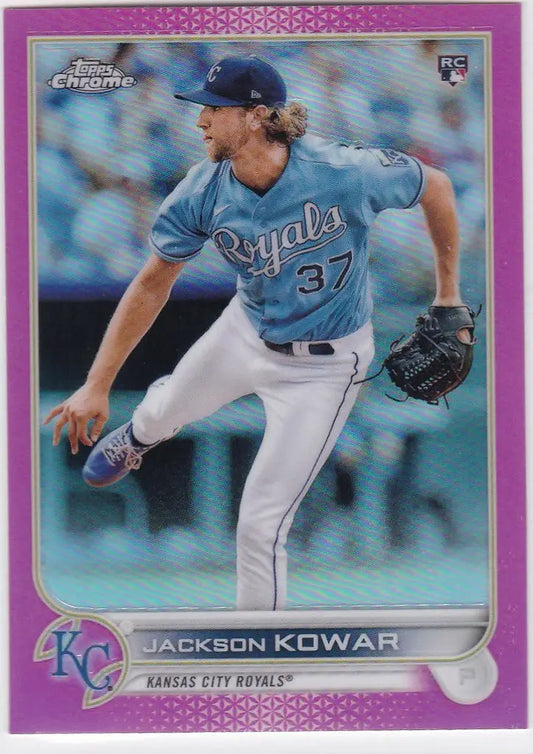 Baseball card of Jackson Kowar mid-throw, featuring Kansas City Royals Pink RC