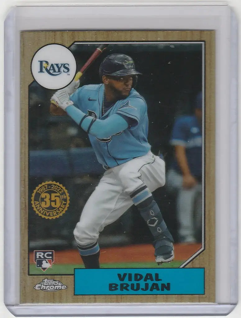 Baseball card of Vidal Brujan in batting stance, featuring Tampa Bay Rays and Topps Chrome