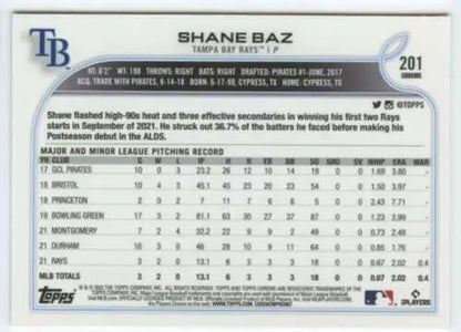 2022 Topps Chrome #201 Shane Baz NM-MT RC baseball card with original gloss finish