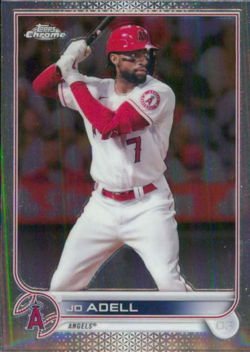 Baseball card of Jo Adell in white and red uniform for Los Angeles Angels Topps Chrome