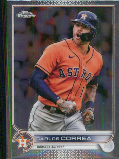 Baseball card of Houston Astros player in orange jersey celebrating, Topps Chrome design