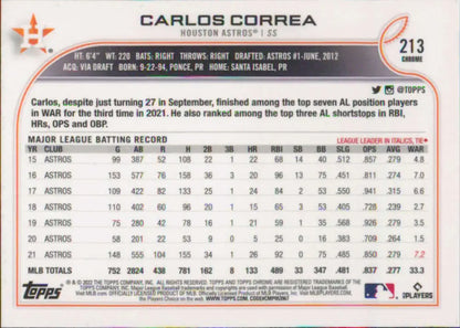 Baseball card featuring MLB stats and career record for Carlos Correa, Houston Astros