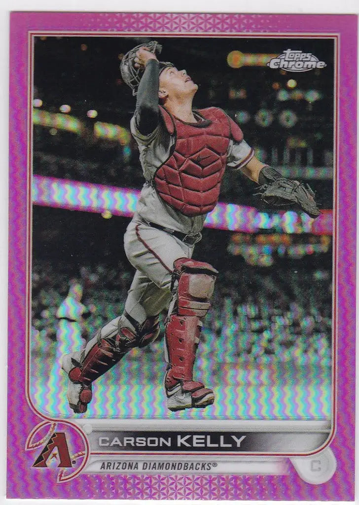 Baseball card of Carson Kelly Pink Arizona Diamondbacks catcher looking to catch a ball