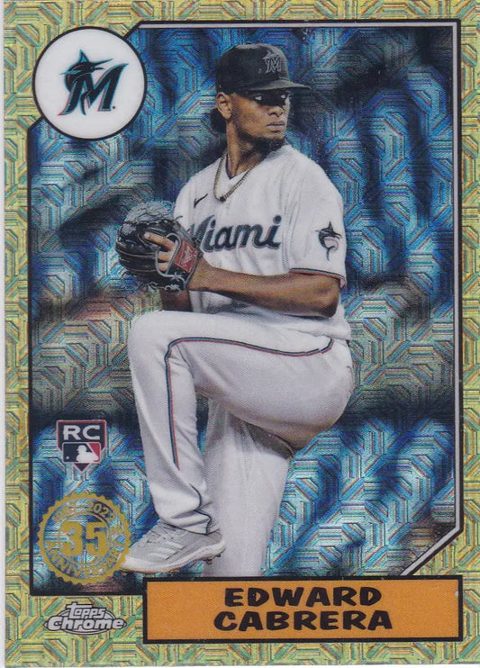 Miami Marlins pitcher in windup on 2022 Topps Chrome 35th Anniversary Mojo card