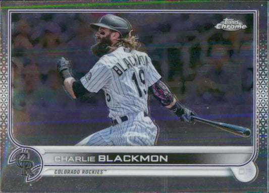 Chrome finish baseball card of Charlie Blackmon in batting stance for Colorado Rockies