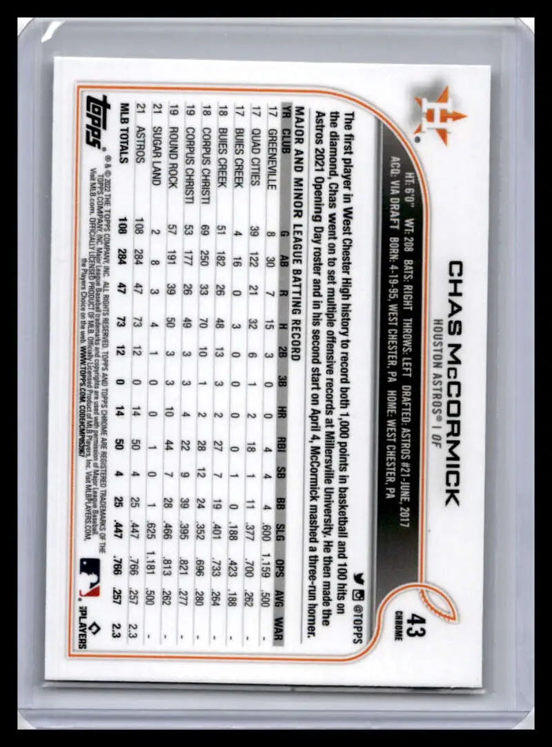 Back of 2022 Topps Chrome Chas McCormick baseball card showcasing player statistics