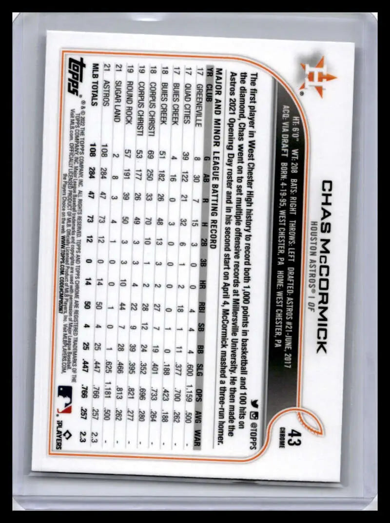 Back of 2022 Topps Chrome Chas McCormick baseball card with Houston Astros stats