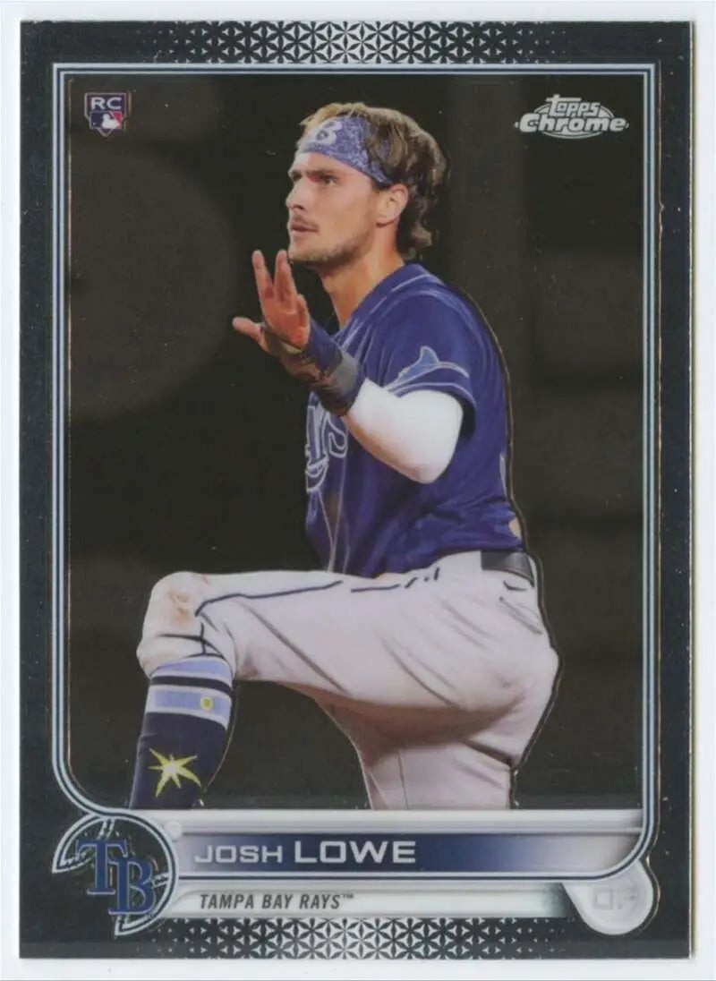 Baseball card of Josh Lowe in purple uniform pitching for Tampa Bay Rays