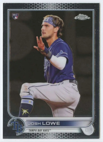 Baseball card of Josh Lowe in purple uniform pitching for Tampa Bay Rays