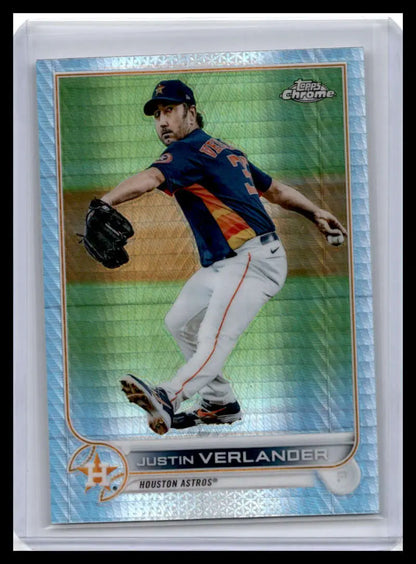 Baseball card of Justin Verlander in mid-throw wearing Houston Astros navy uniform