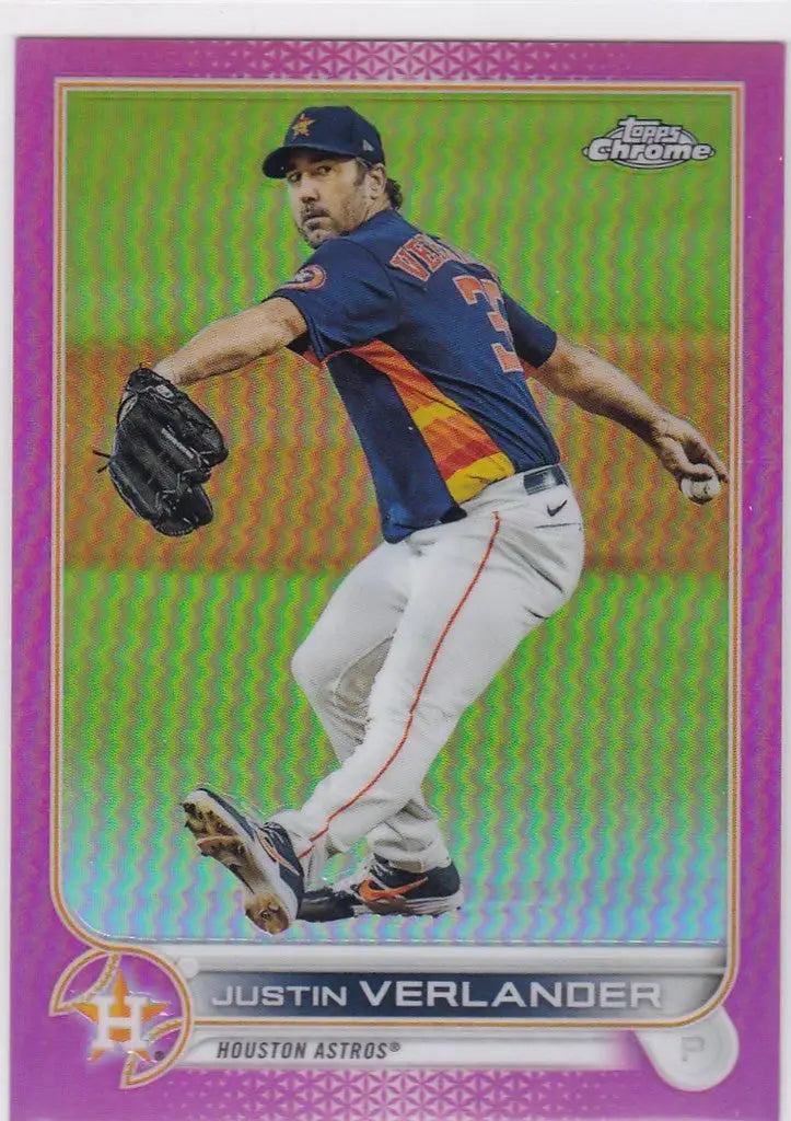 Baseball card of Justin Verlander in mid-throwing motion for Houston Astros