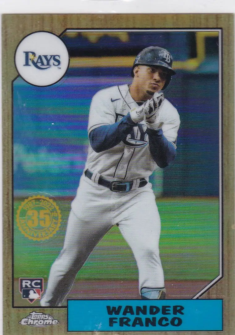 Baseball card of Wander Franco RC in a white uniform for Tampa Bay Rays Topps Chrome