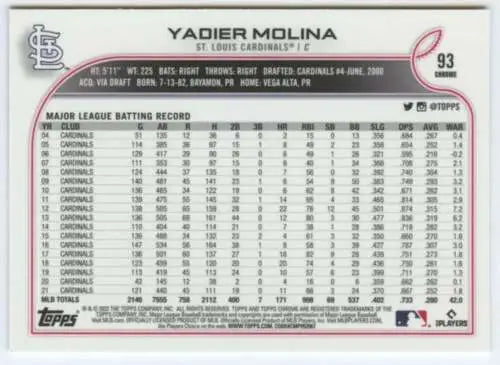 2022 Topps Chrome #93 Yadier Molina baseball card in original gloss, NM-MT condition