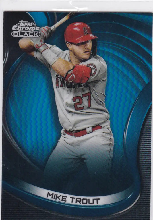 Baseball trading card of Mike Trout in gray uniform, showcasing Topps Chrome Black Blue Refractor