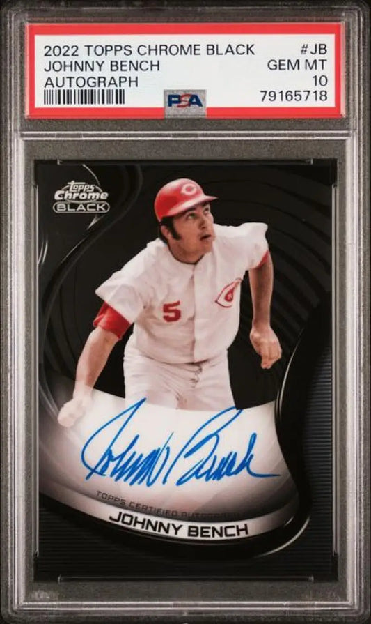 Johnny Bench 2022 Topps Chrome Black Autograph PSA 10 in protective case