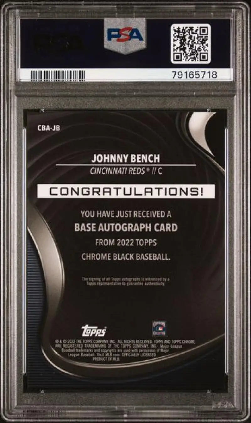 PSA-graded Topps Chrome Black baseball card redemption insert for Johnny Bench Autograph