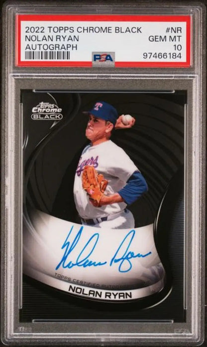 PSA 10 Gem Mint Nolan Ryan Autographed 2022 Topps Chrome Black Baseball Card Texas Rangers