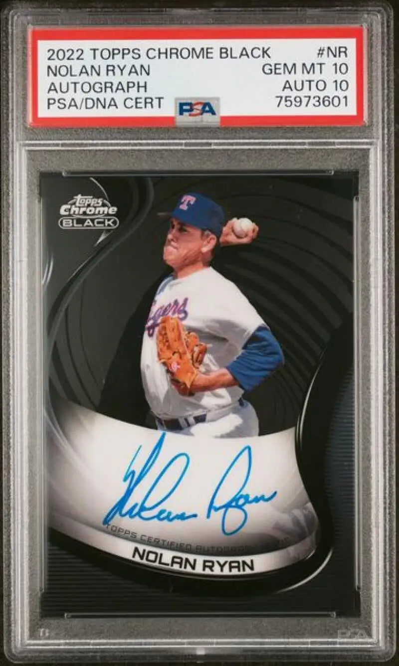 PSA-graded 2022 Topps Chrome Black Nolan Ryan autograph baseball card in protective case