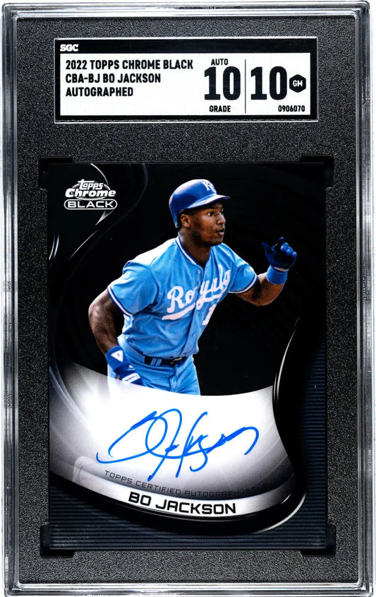 Graded Topps Chrome Black Bo Jackson baseball card in powder blue Kansas City Royals uniform