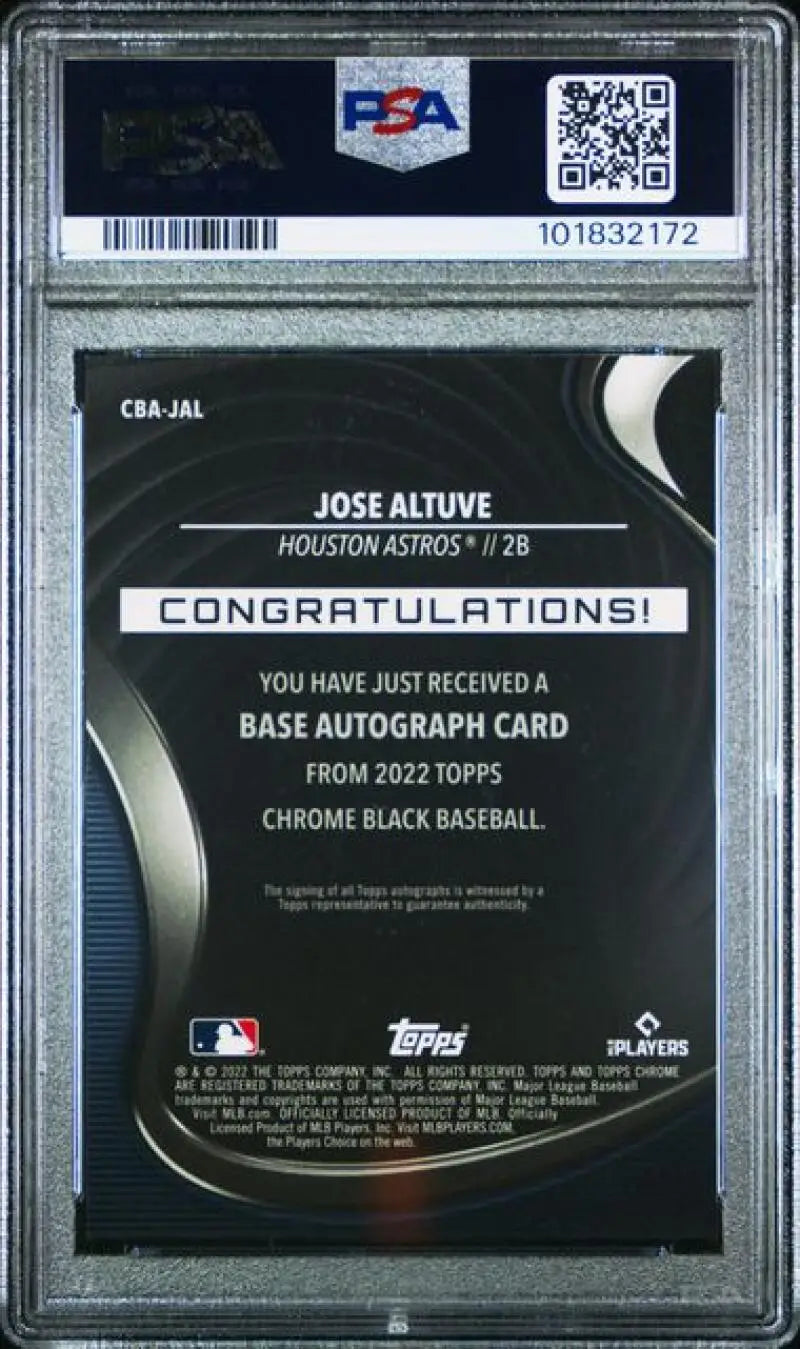 Graded Jose Altuve baseball card from 2022 Topps Chrome Black PSA 10 GEM MINT