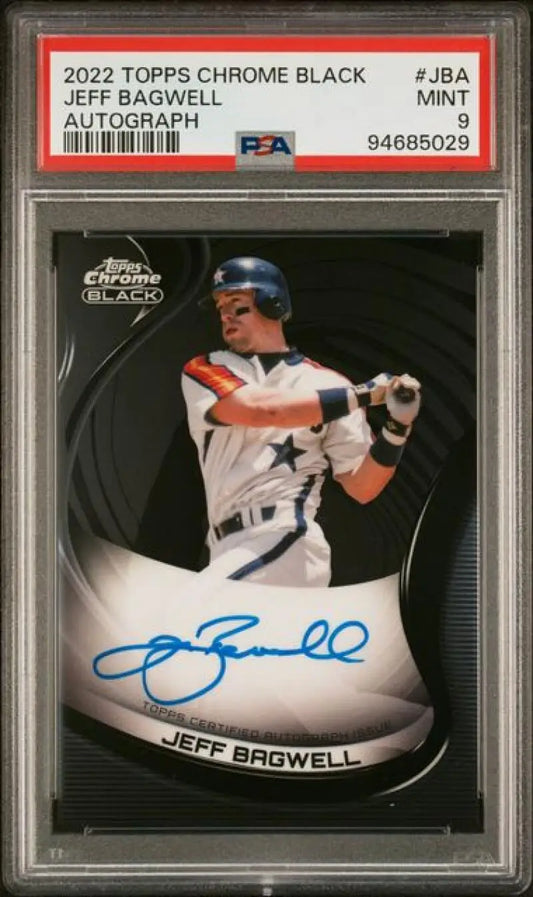 PSA-graded 2022 Topps Chrome Black autographed Jeff Bagwell baseball card in case