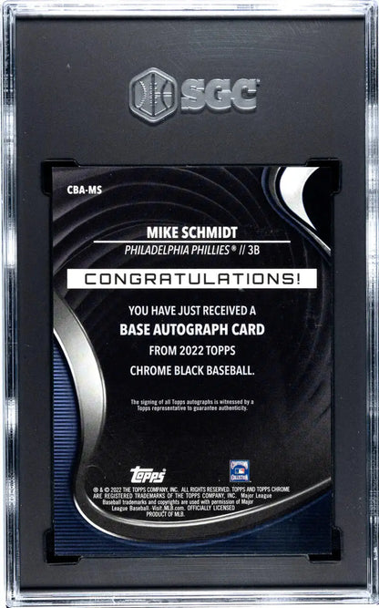 Back of 2022 Topps Chrome Black Mike Schmidt Autograph Baseball Card with congratulatory text