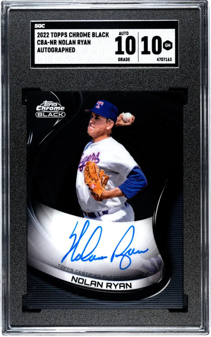 Graded 2022 Topps Chrome Black Nolan Ryan Texas Rangers baseball card with autograph