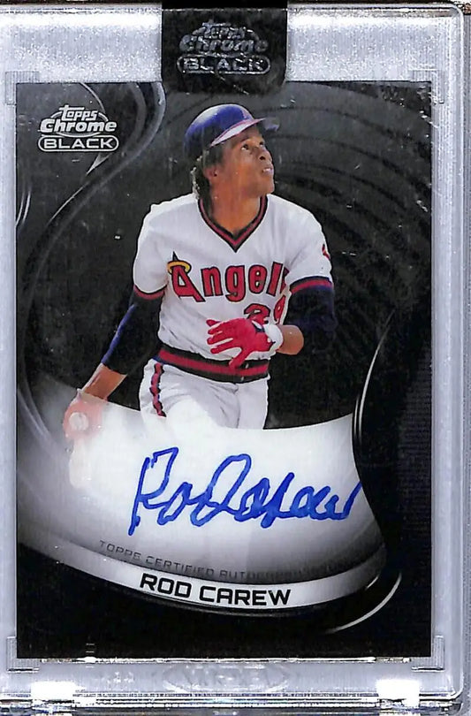 Signed Rod Carew baseball card in white Angels uniform from Topps Chrome Black