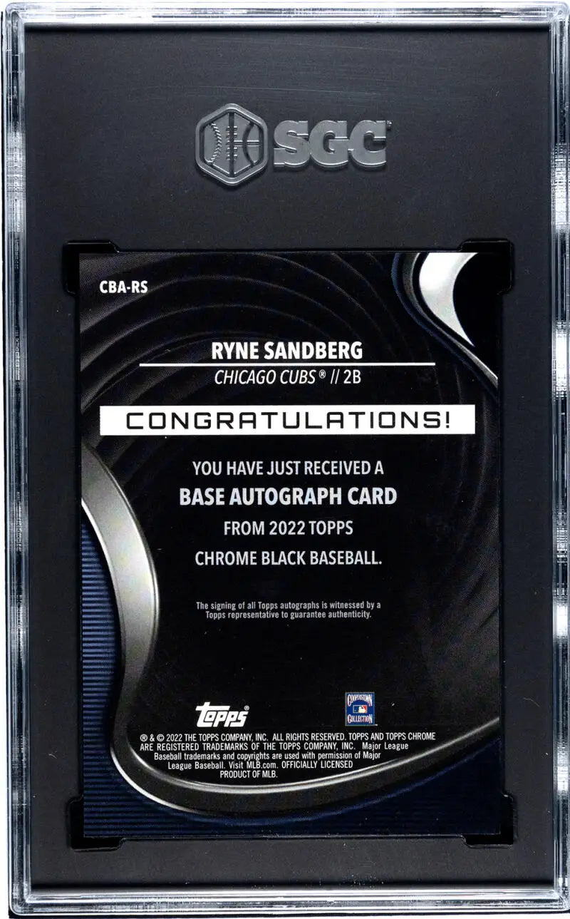 Back of 2022 Topps Chrome Black Ryne Sandberg Gem Auto Chicago Cubs Baseball Card