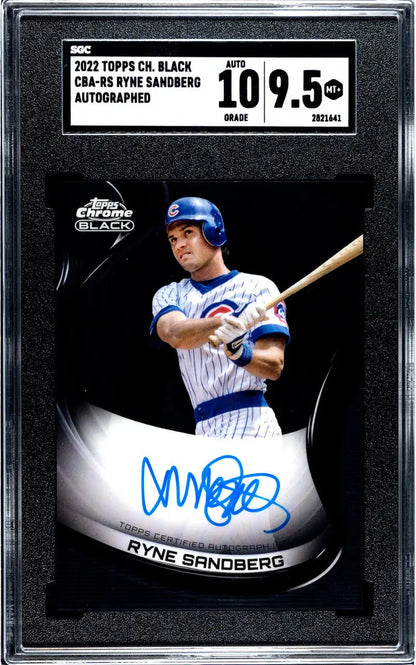 Graded Ryne Sandberg Chicago Cubs baseball card in batting stance from 2020 Topps Chrome Black