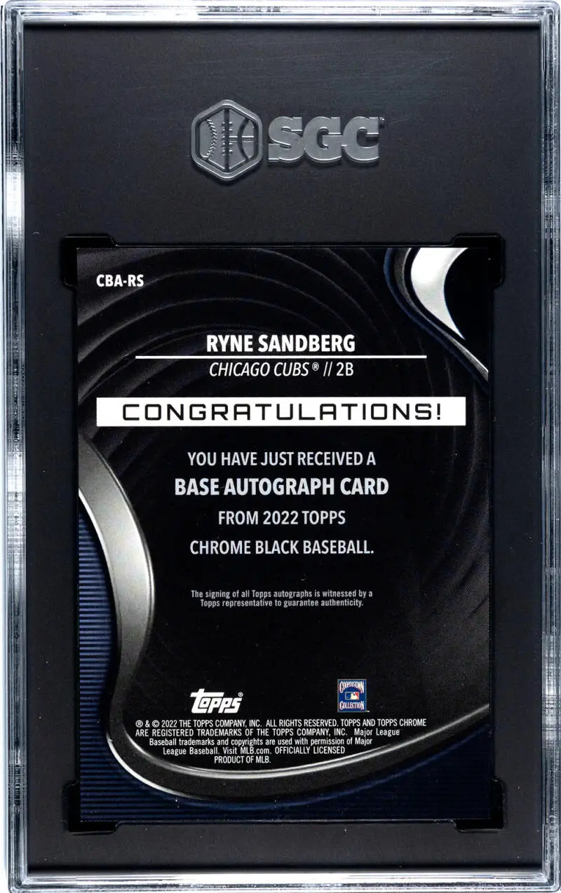 Black 2022 Topps Chrome Baseball Card featuring Ryne Sandberg, Chicago Cubs, SGC 9.5 MINT+