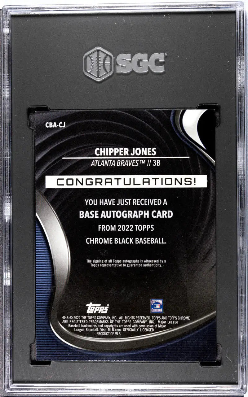 Topps Chrome Black Orange Chipper Jones Autograph Redemption Card in SGC Case