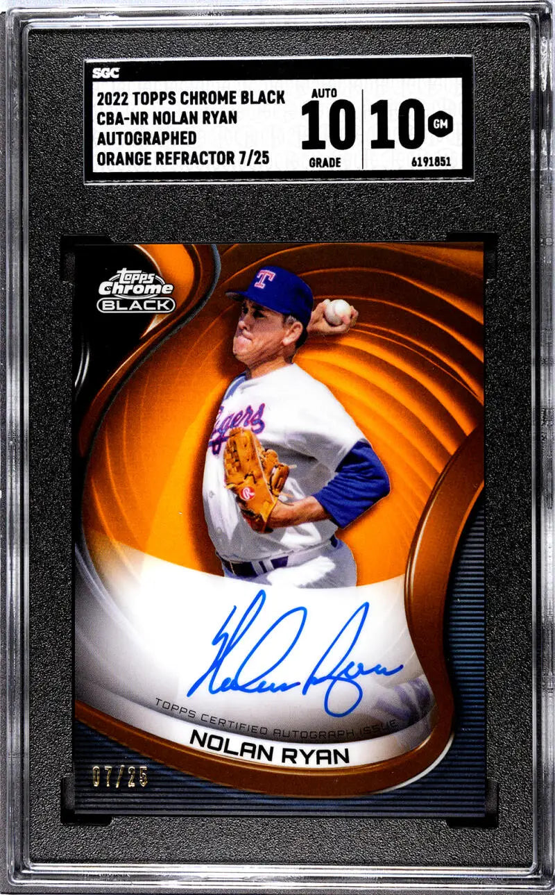 Graded Nolan Ryan Texas Rangers pitcher’s card on orange swirled background Topps Chrome Black