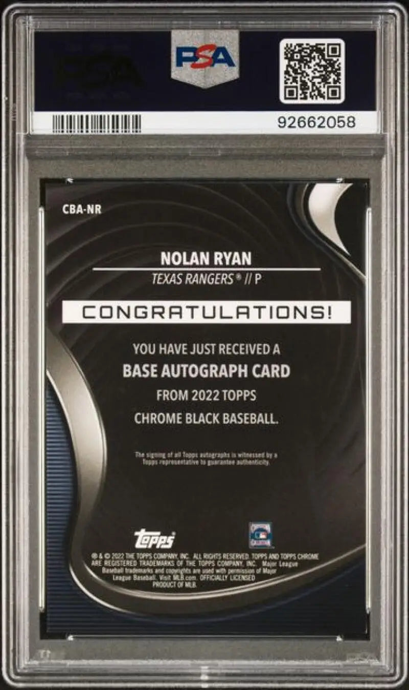 Back side of a PSA-graded Nolan Ryan Black Refractor baseball card autograph